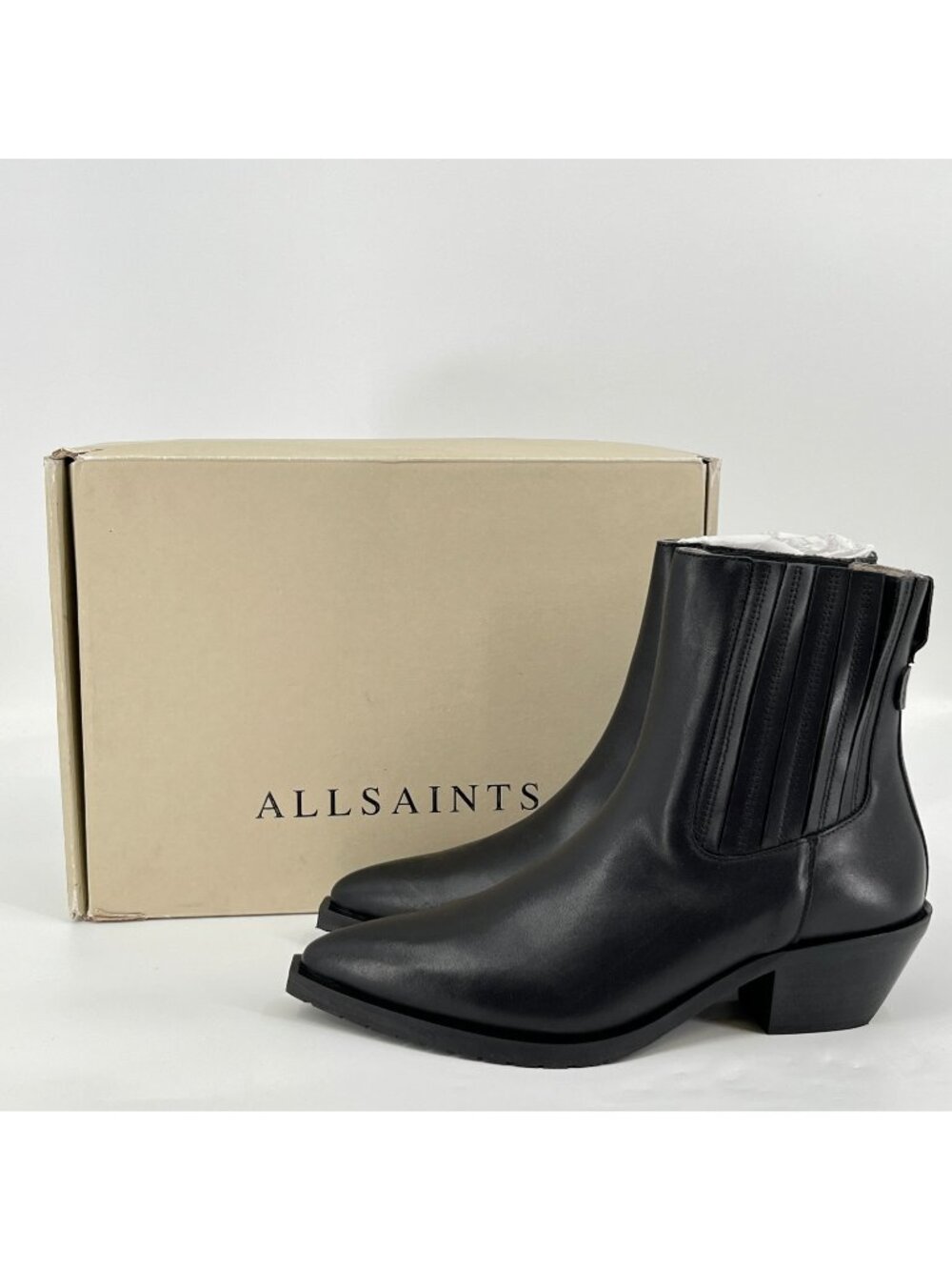 AllSaints Marcie Womens Chelsea Boots Black Leather Size 11 Pointed Western Heel
